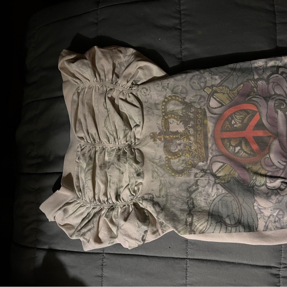 Graphic Print Tube Top with Crown and Peace Sign